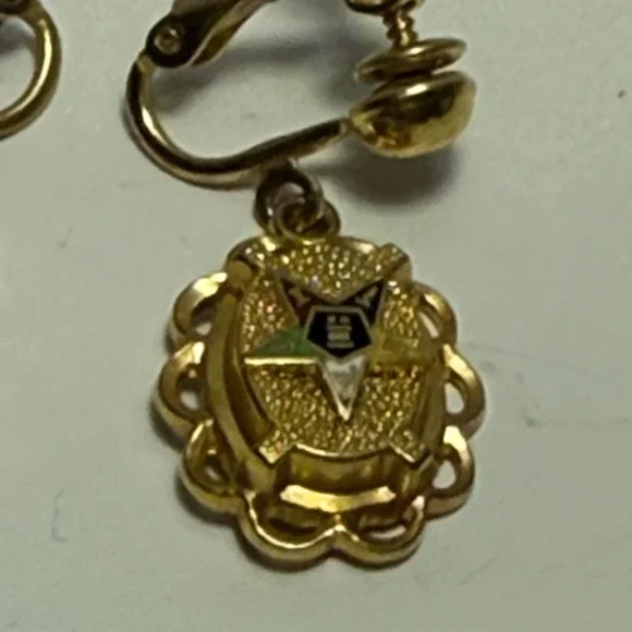 Vintage Eastern Star Masonic Screw Back Dangle Earrings Gold Tone Enamel Women - Picture 3 of 8